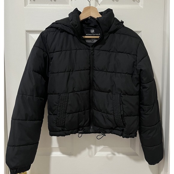 Aeropostale Jackets & Blazers - Aeropostale Cropped Puffer Jacket Womens XS Black Hooded Y2K Style Winter Coat